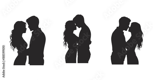 Three romantic silhouette scenes showing couples embracing and kissing with deep affection, capturing love, passion, and emotional intimacy in timeless minimalist black artistic style
