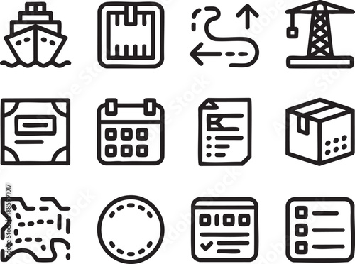 Collection of twelve black outline representing logistics and planning ship cargo package crane