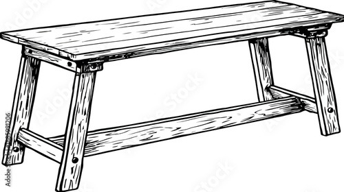 A detailed black and white illustration of a wooden bench with visible grain