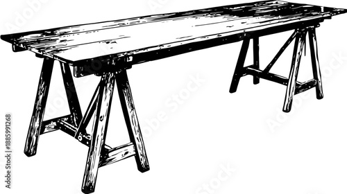 A black and white line drawing of a work table with two sawhorse-style supports