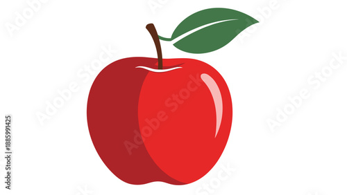 A Vibrant Red Apple with a Single Green Leaf.