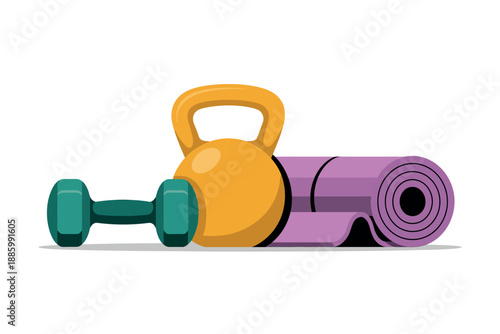 Colorful Fitness Equipment Illustration with Kettlebell, Dumbbell, and Yoga Mat on White Background