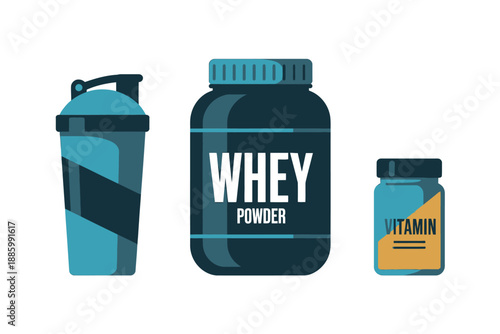 Whey Protein Powder Supplement Bottles and Shaker Graphic Illustration