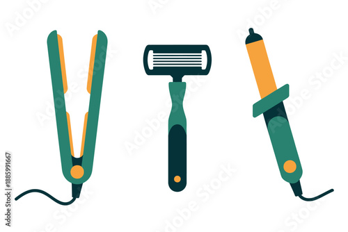 Green and yellow hair styling tools, including straightener, razor, and curler on white background