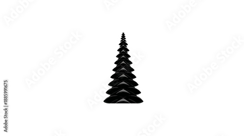 A black, abstract, cone-shaped form composed of layered, oval-like shapes, standing on white