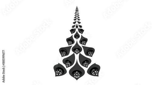 A grayscale, symmetrical illustration depicts a plant with bell-shaped flowers on a white background