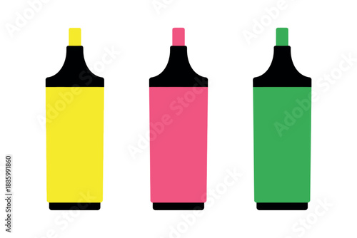 Colorful Markers or Highlighters in Yellow, Pink, and Green on White Background for Organization
