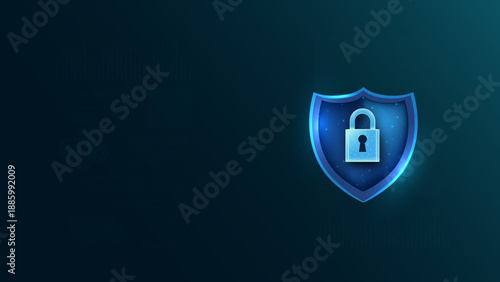A digital shield symbolizing online security and protection, featuring a lock icon on a dark background, representing cyber safety.