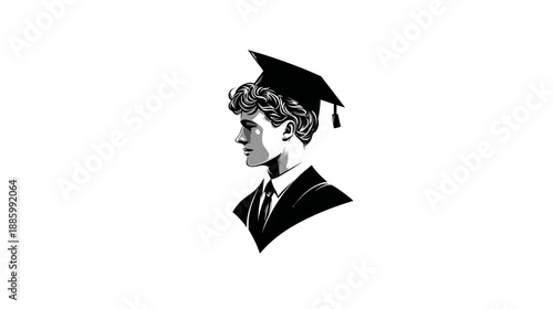 A grayscale illustration of a young graduate in profile, wearing a mortarboard