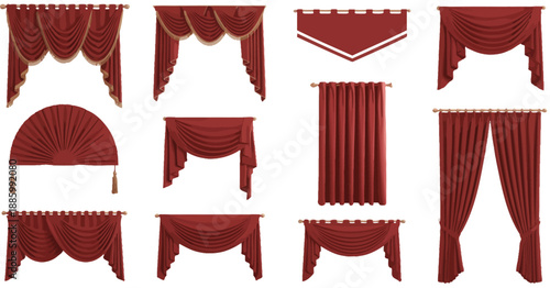 Red theater stage curtains with luxurious drapery folds, classic velvet fabric designs for opera, cinema, and dramatic interior decor scenes in timeless elegant performance settings