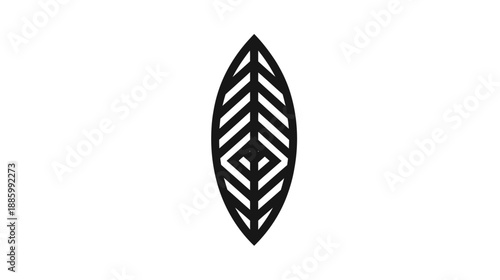 A black, stylized leaf shape with geometric patterns inside, on a clean white background