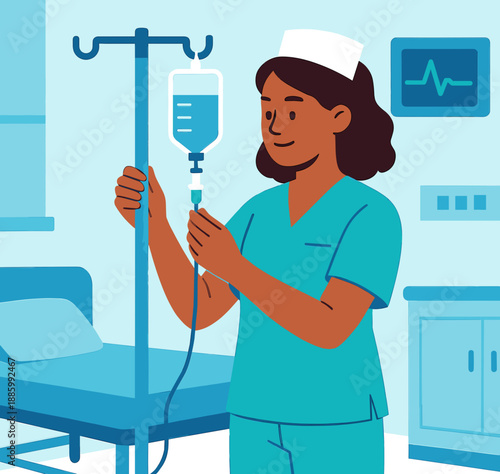 Nurse Skillfully Prepares an IV for a Patient in a Bright and Calm Hospital Room, Showcasing Compassion and Care in Action