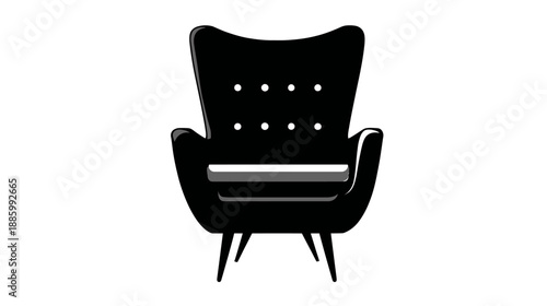 A black, stylized armchair with a button-tufted back, short armrests, and angled legs, isolated