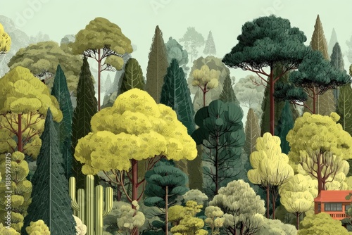 A painting of a forest with trees and a red house