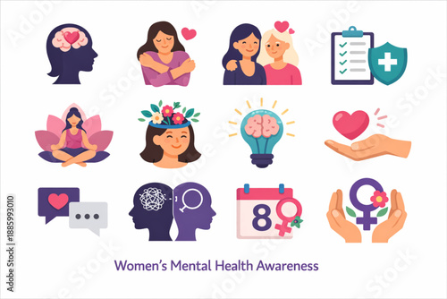 International Women’s Day women mental health icon set
