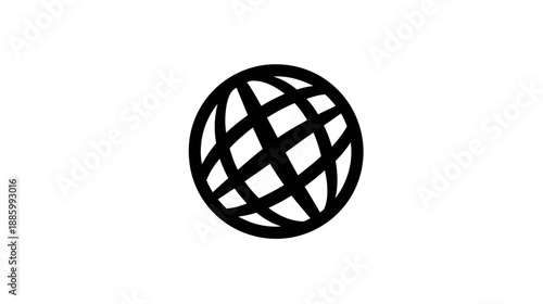 A simple, black graphic illustration of a stylized globe on a white background