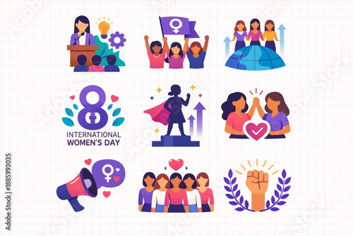 International Women’s Day women community leadership icon set