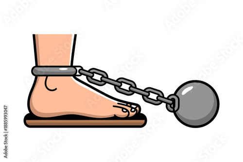 A cartoon illustration of a bare foot chained to a ball and shackle