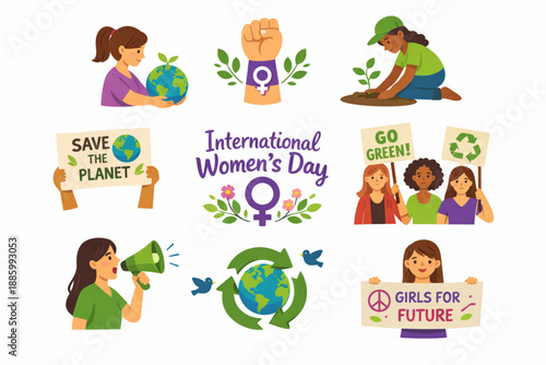 International Women’s Day women environmental activism icon set