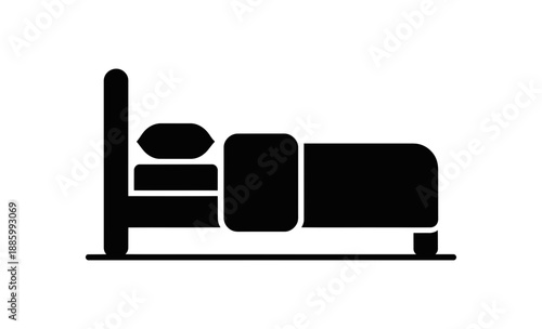 A minimalist black silhouette of a bed with a headboard and mattress on a white background