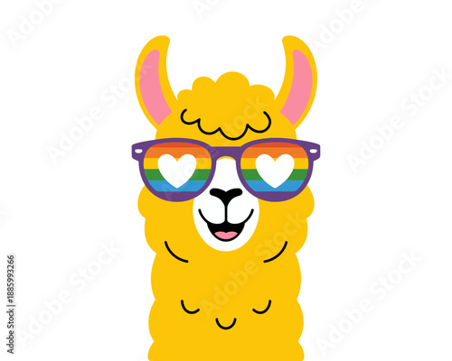 A cartoon llama wearing colorful heart-shaped sunglasses with a happy expression on its face