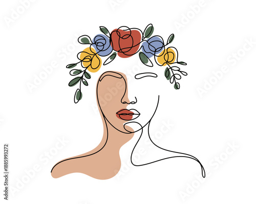 A minimalist vector illustration of a woman's face with a floral crown and open mouth, symbolizing freedom and self-expression.