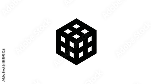 A black geometric illustration of a 3D cube or block with diamond-shaped openings