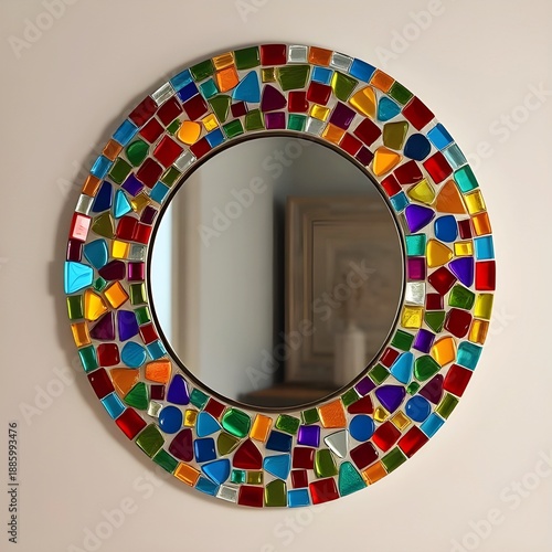 A mosaic tile mirror with vibrant, hand-cut glass pieces.