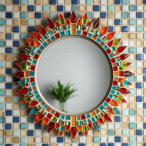A mosaic tile mirror with vibrant, hand-cut glass pieces.