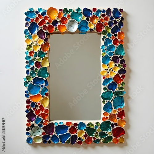 A mosaic tile mirror with vibrant, hand-cut glass pieces.