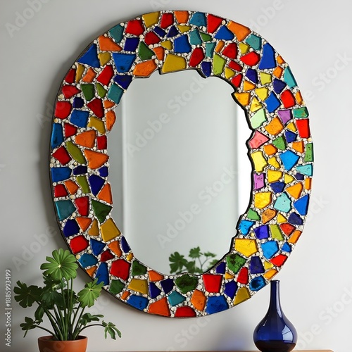 A mosaic tile mirror with vibrant, hand-cut glass pieces.