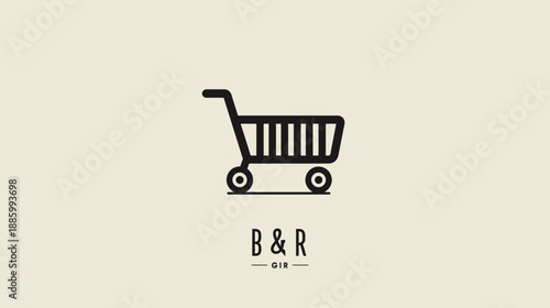 A black shopping cart icon above text on a light beige background
