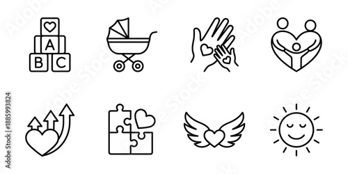 Family care and child welfare line icons set, parenting support kindness wellbeing