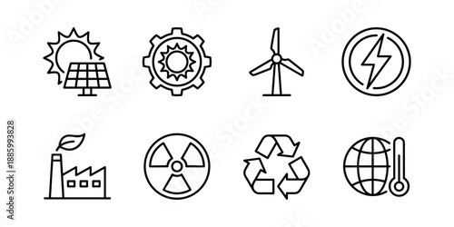 Renewable energy and climate impact line icons set, solar wind industry ecologyWeb