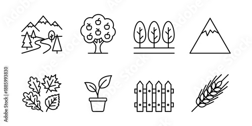 Nature and agriculture line icons set, landscape trees plants harvest fencing