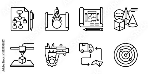 Engineering design and production workflow line icons set, drafting blueprint geometry logistics