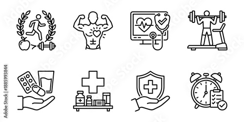 Fitness health and medicine line icons set, training monitoring pharmacy insurance schedule