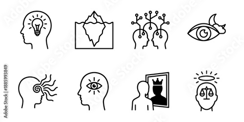 Psychology ethics and awareness line icons set, subconscious networks intuition influence