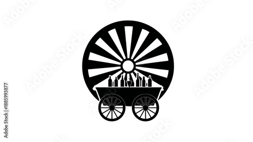 A black and white illustration of a wagon filled with bottles under a sunburst background