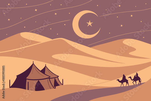 Desert Night Landscape with Camels Tents Moon and Stars.