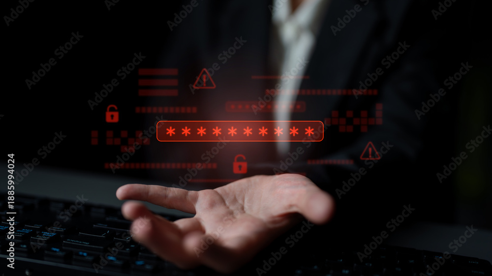 Naklejka premium Password security breach warning with red asterisk box, cybersecurity alert, lock icons, and critical vulnerability signals in digital system access Latch