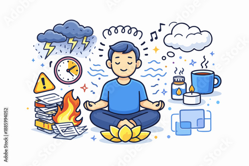 Stress relief meditation illustration with calm person in chaos