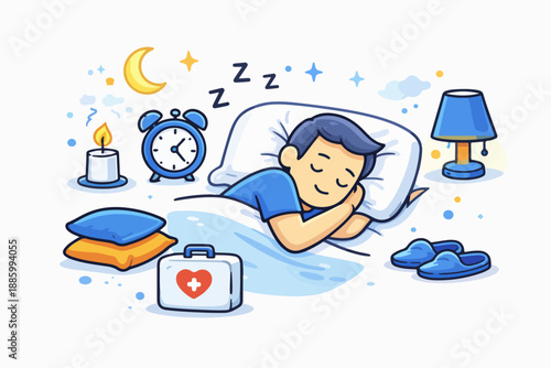 Sleep hygiene illustration with relaxed child resting in cozy bedroom