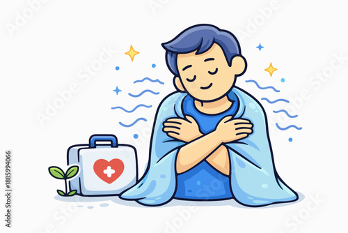 Self compassion illustration with person hugging themselves in blanket