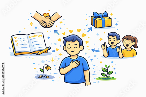 Gratitude practice illustration with journal kindness and positive feedback