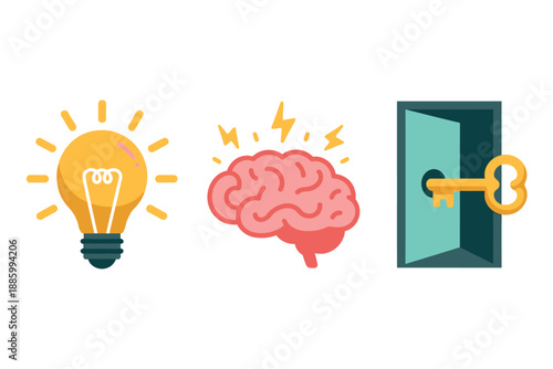 Light Bulb, Brain, and Key Icons Representing Ideas, Thinking, and Solutions
