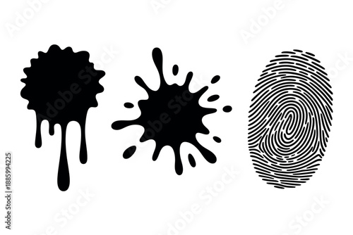 Black ink splatters and fingerprint marks on white background, forensic concept illustrations