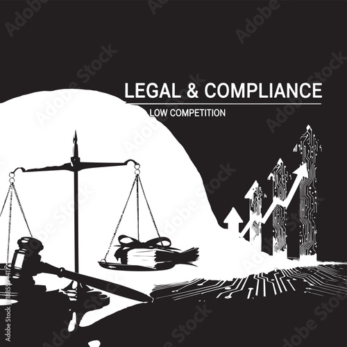 Legal and compliance concept with scales of justice, gavel, and growing financial charts on a dark background.