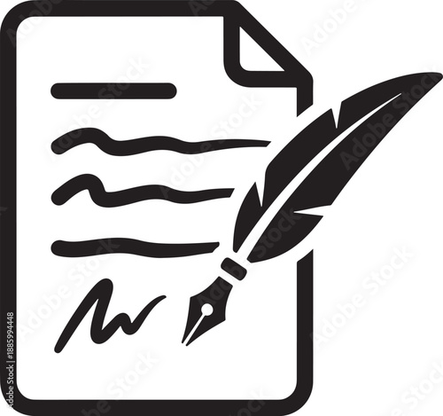 Document and quill pen icon representing writing, signing, and official paperwork in black and white.