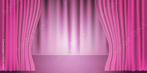 Purple velvet theatrical curtain opened to reveal stage scene Two bent curtains on sides Performance background suitable for theater posters, events, shows presentations banners concepts Copy space